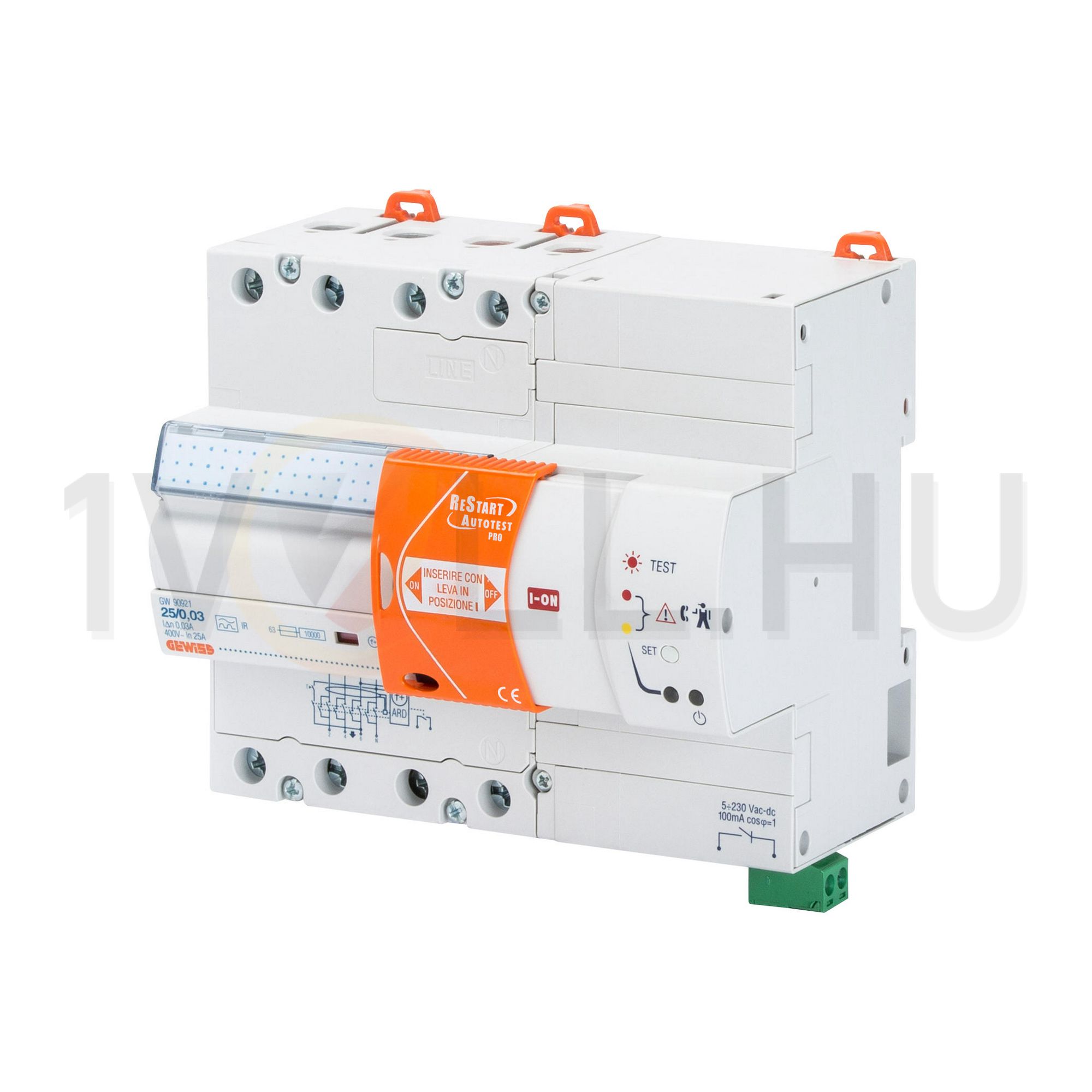 Áram-védőkapcsoló (FI) teszt/visszakapcsolóval 4P 40A 400V 0.03A A-típus 90ReStart GEWISS - GW90922