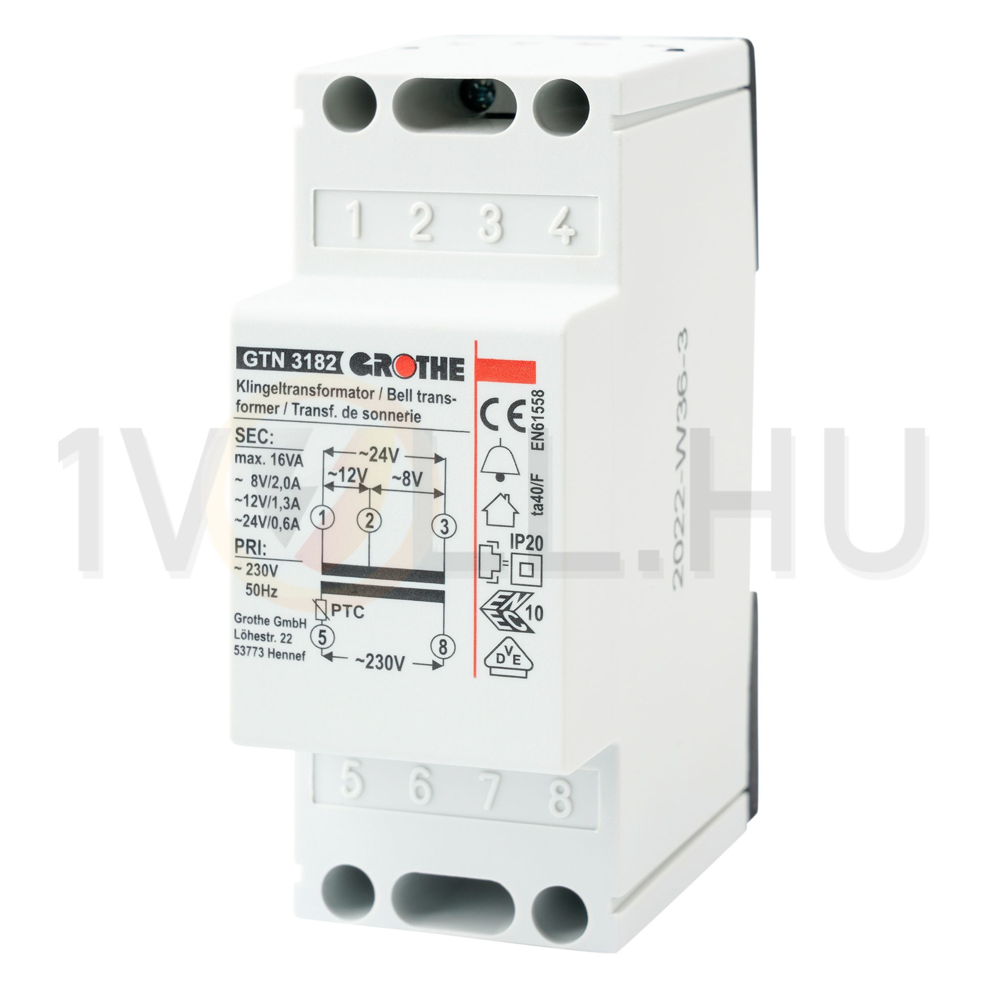 Csengőtranszformátor 1F 16VA sorolható 230V/ 8V/ 2A 12V/ 1.3A 24V/ 6A 2M GTN 3182 GROTHE - 14082