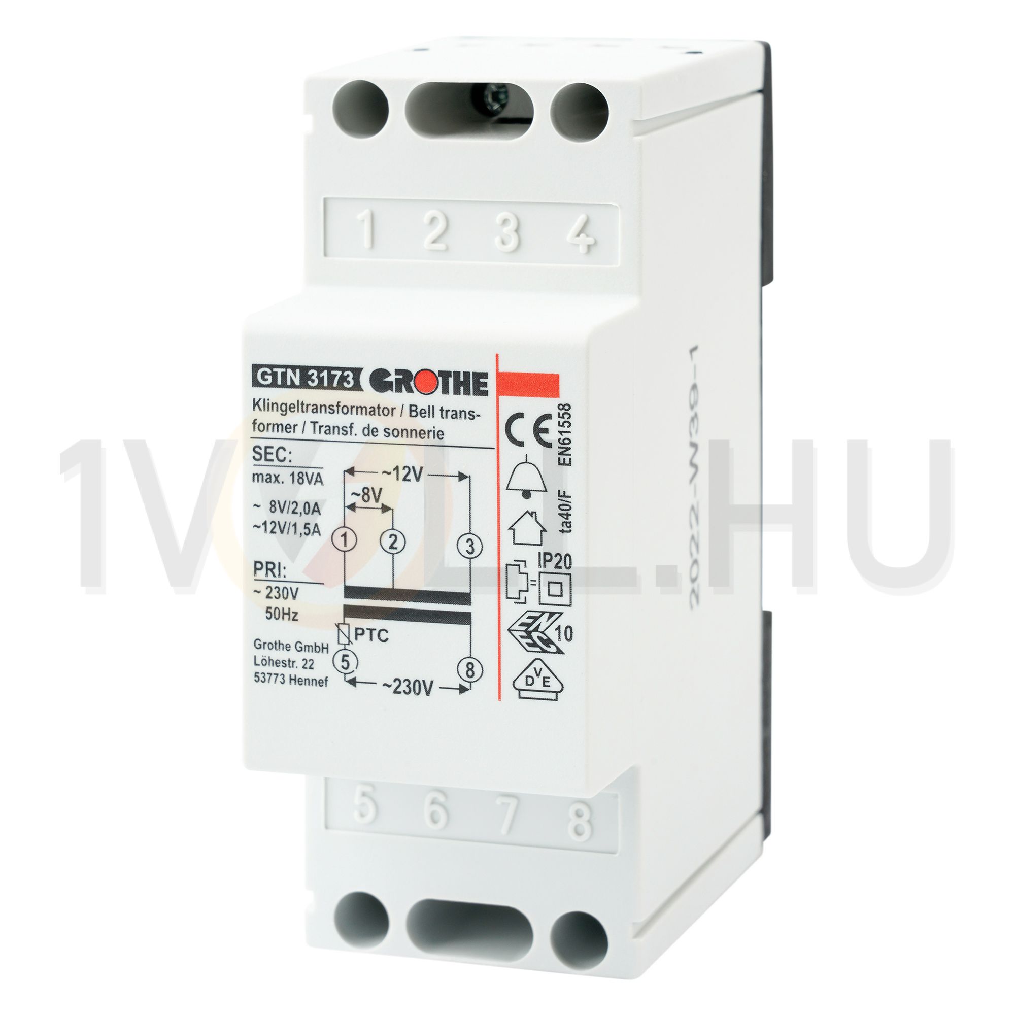 Csengőtranszformátor 1F 18VA sorolható 230V/ 8V/ 2A 12V/ 1.5A 2M GTN 3173 GROTHE - 14073