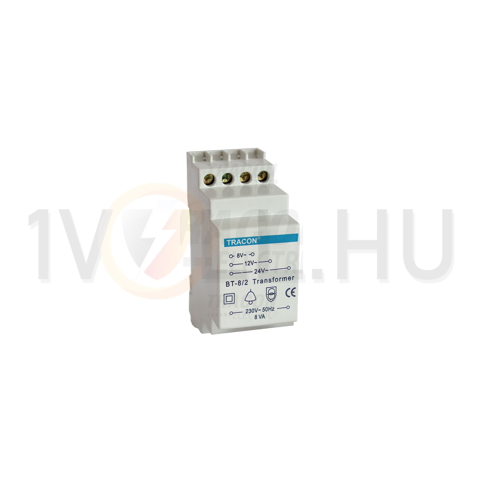 Csengőtranszformátor 1F 8VA sorolható 230V/ 8V/ 0.5A 12V/ 0.33A 24V/ 0.17A 2M 8W TRACON - BT-8/2