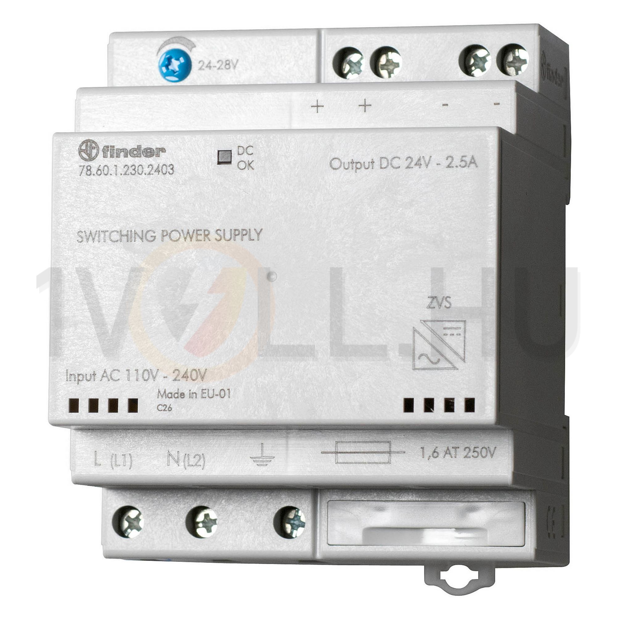 DC tápegység 110-240VAC-be 220VDC-be 24VDC-ki 2.5A-ki 60W stabilizált 4M 78.60.1.230.2403 FINDER - 786012302403