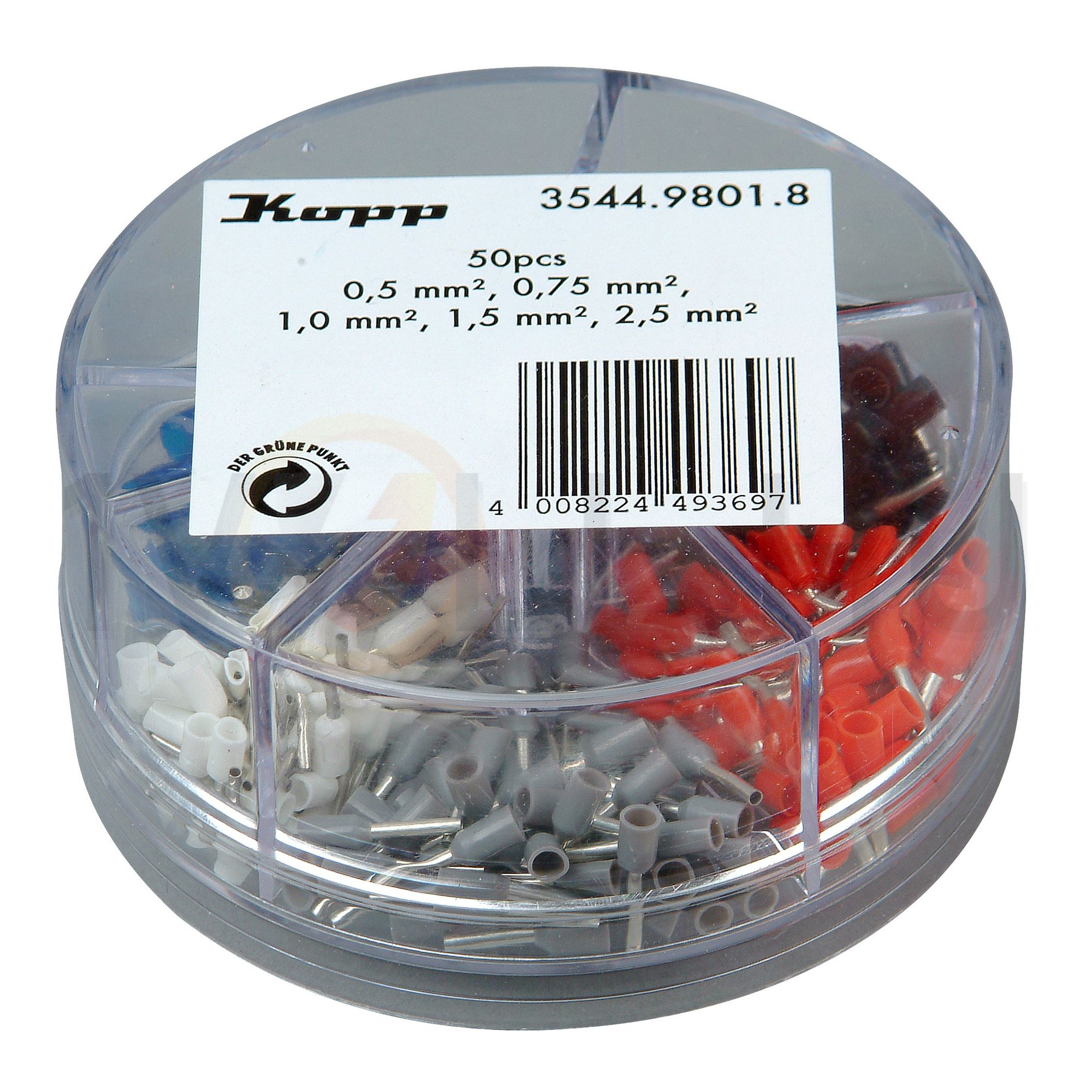 Érvéghüvely készlet szigetelt 0,5-0,75-1-1,5-2,5mm2 - 250db Kopp - 354498018