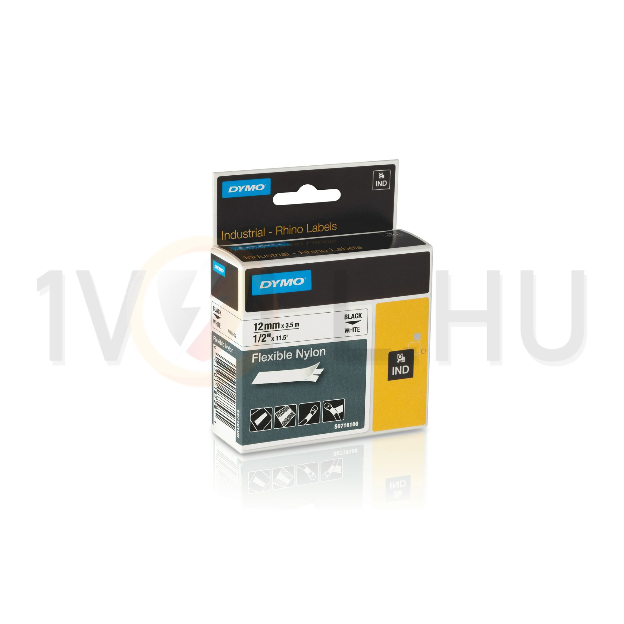 Feliratozó szalag hajlékony nylon fehér/ fekete-betű 12mm x 3.5m hőálló RHINO 18758 18488 DYMO - S0718100