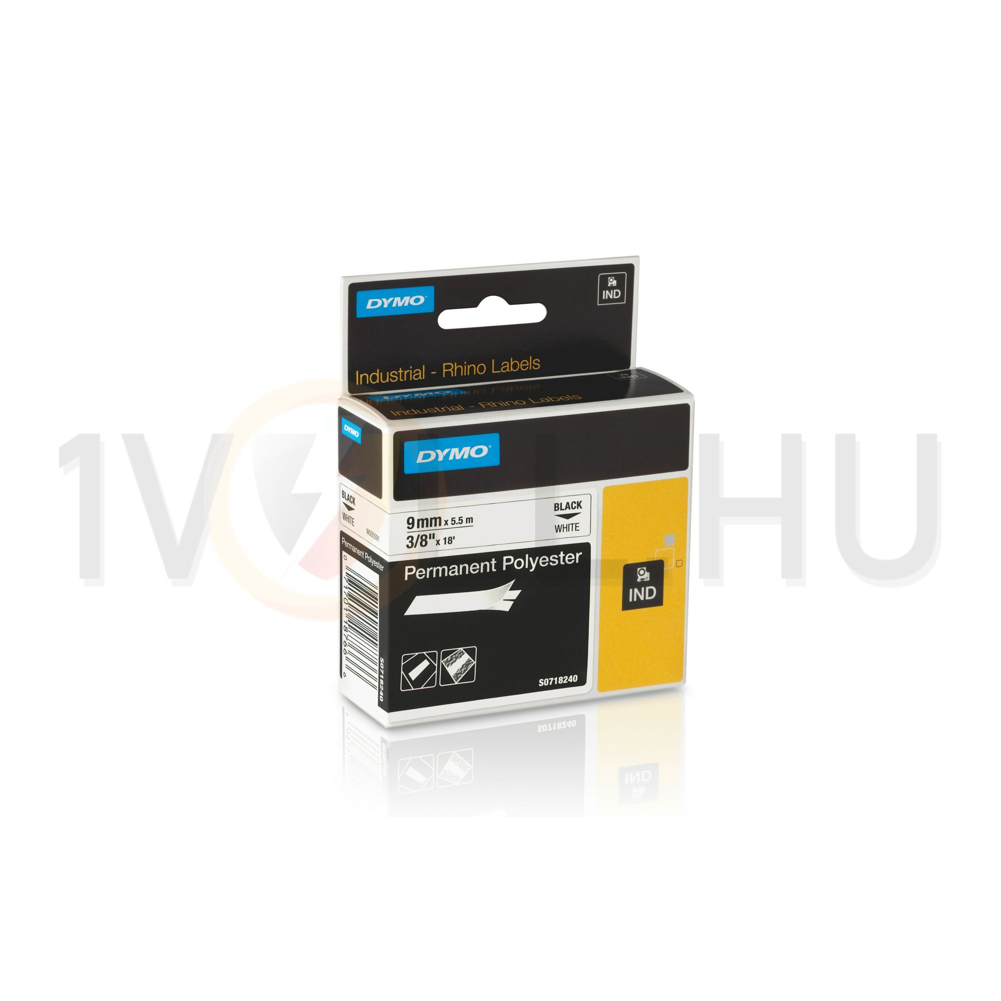 Feliratozó szalag tartós poliészter fehér/ fekete-betű 9mm x 5.5m hőálló RHINO 18766 18482 DYMO - S0718240