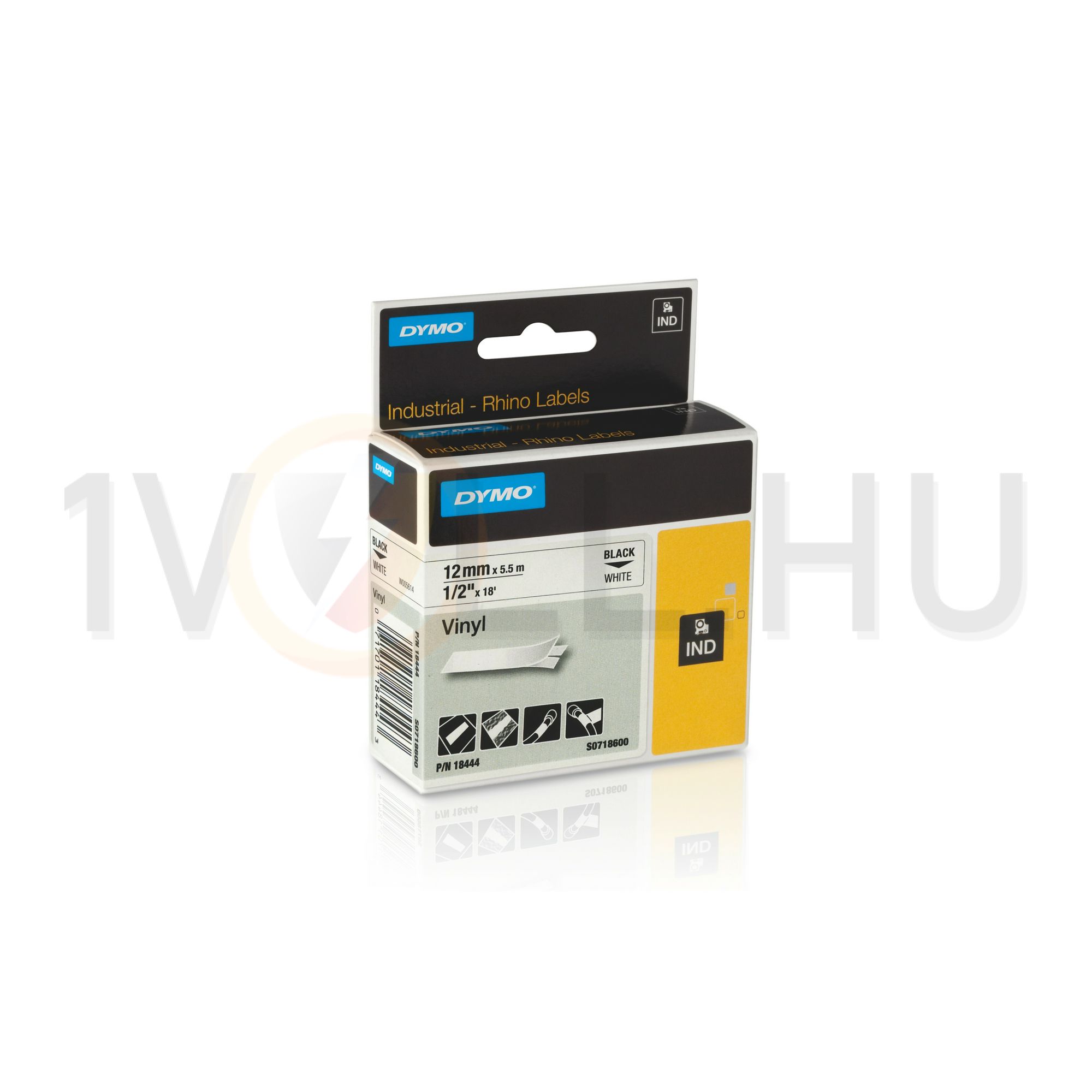 Feliratozó szalag vynil (PVC) fehér/ fekete-betű 12mm x 5.5m hőálló UV-álló RHINO 18444 DYMO - S0718600