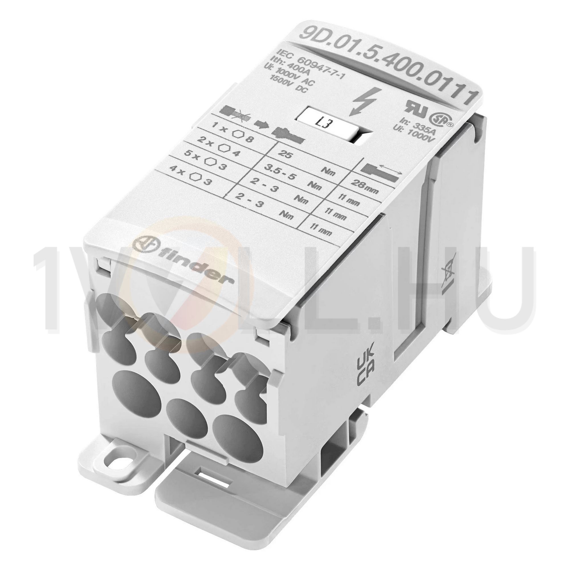 Fővezetéki leágazókapocs 1be/Xki 400mm2 IP20 1P 400A csavaros kalapsínre 9D.01.5.400.0111 FINDER - 9D0154000111