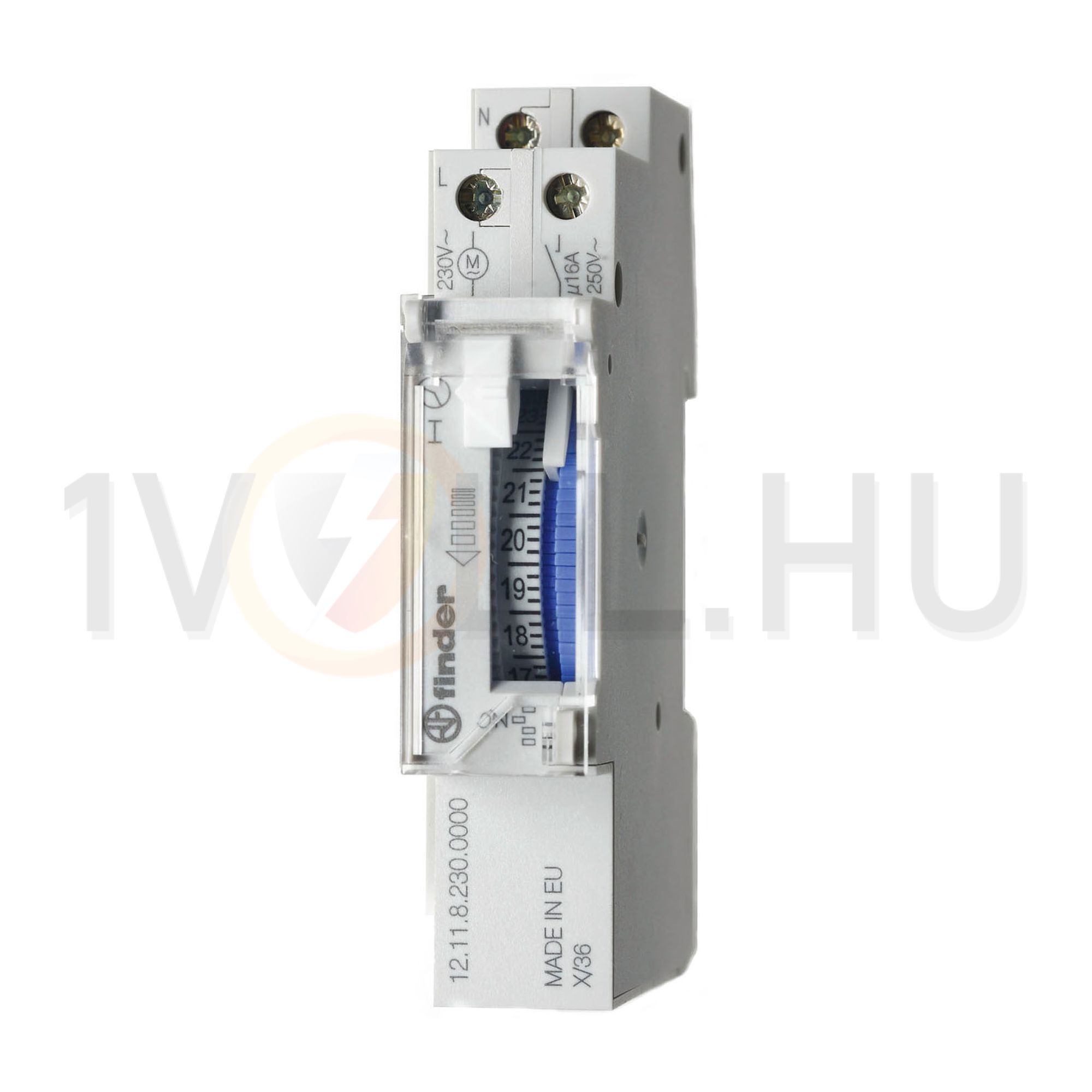 Kapcsolóóra sorolható analóg kvarc 1csatorna napi 1M 16A kalapsínre 12.11.8.230.0000 FINDER - 121182300000