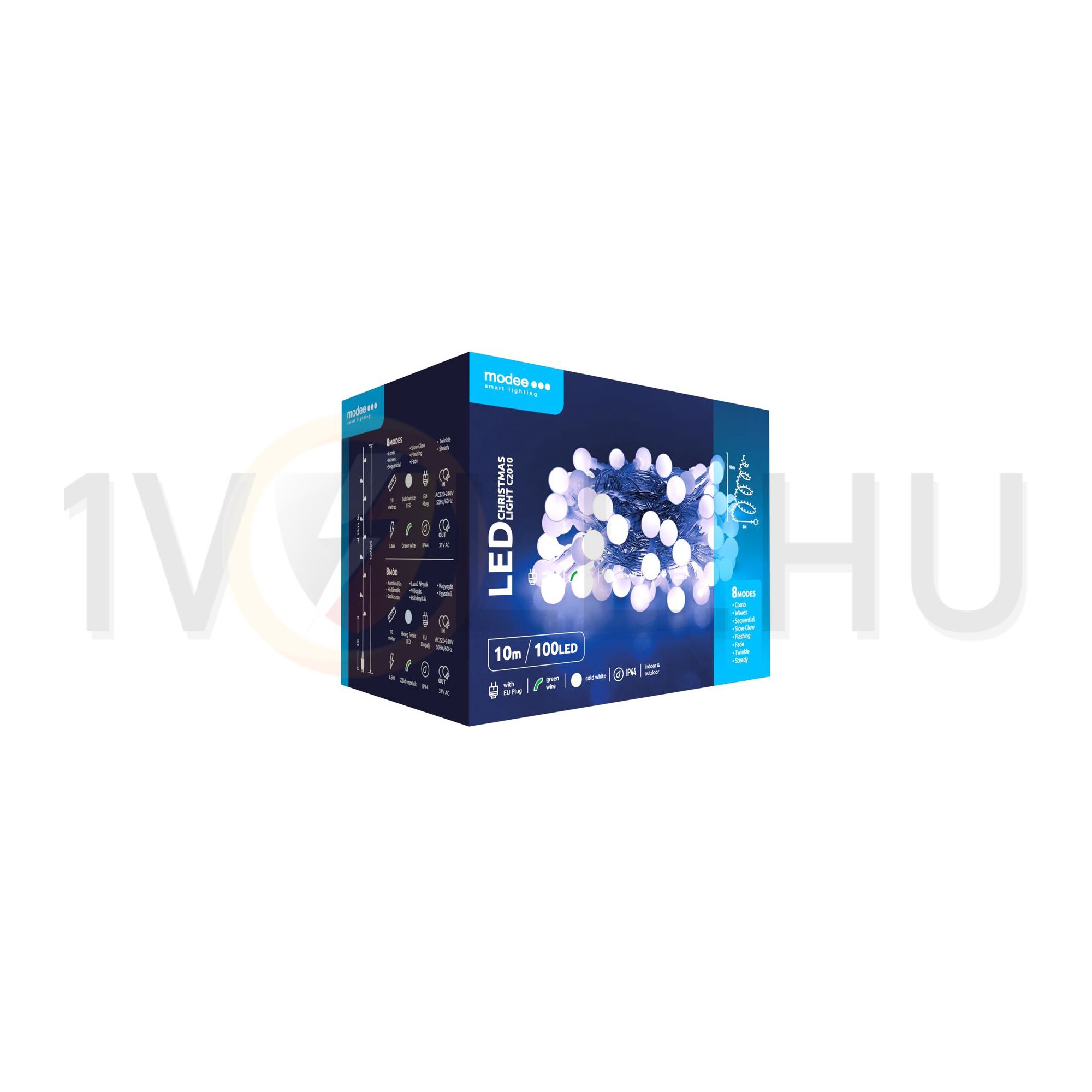 LED karácsonyi füzér 100LED/10m műanyag tápegység-dugóval 8mód kültéri 10db/m AC IP44 Berry Modee - ML-C2010