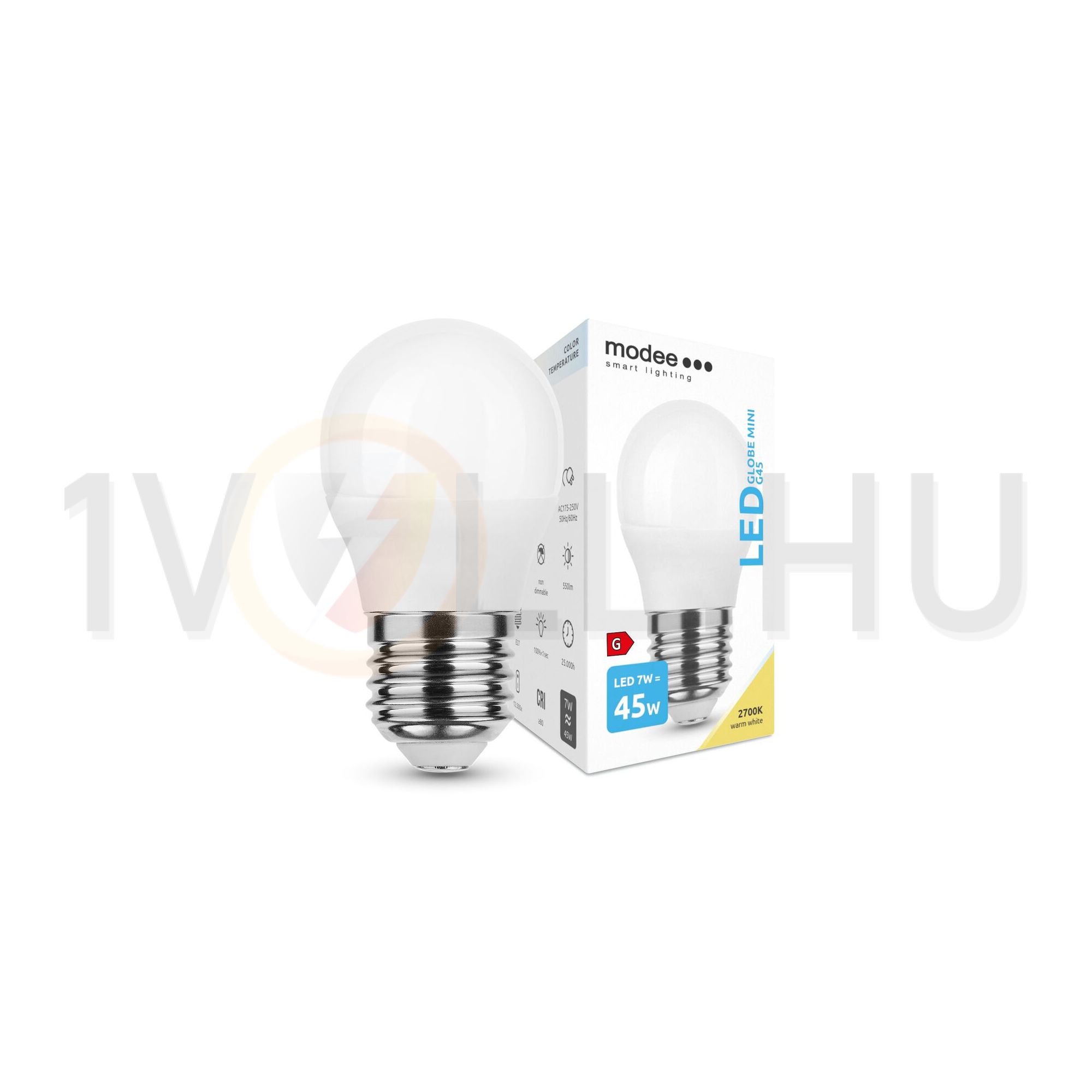 LED lámpa kisgömb P45 7W- 45W E27 550lm 827 220-240V AC 25000h 180° 2700K Modee - ML-G452700K7WE27N