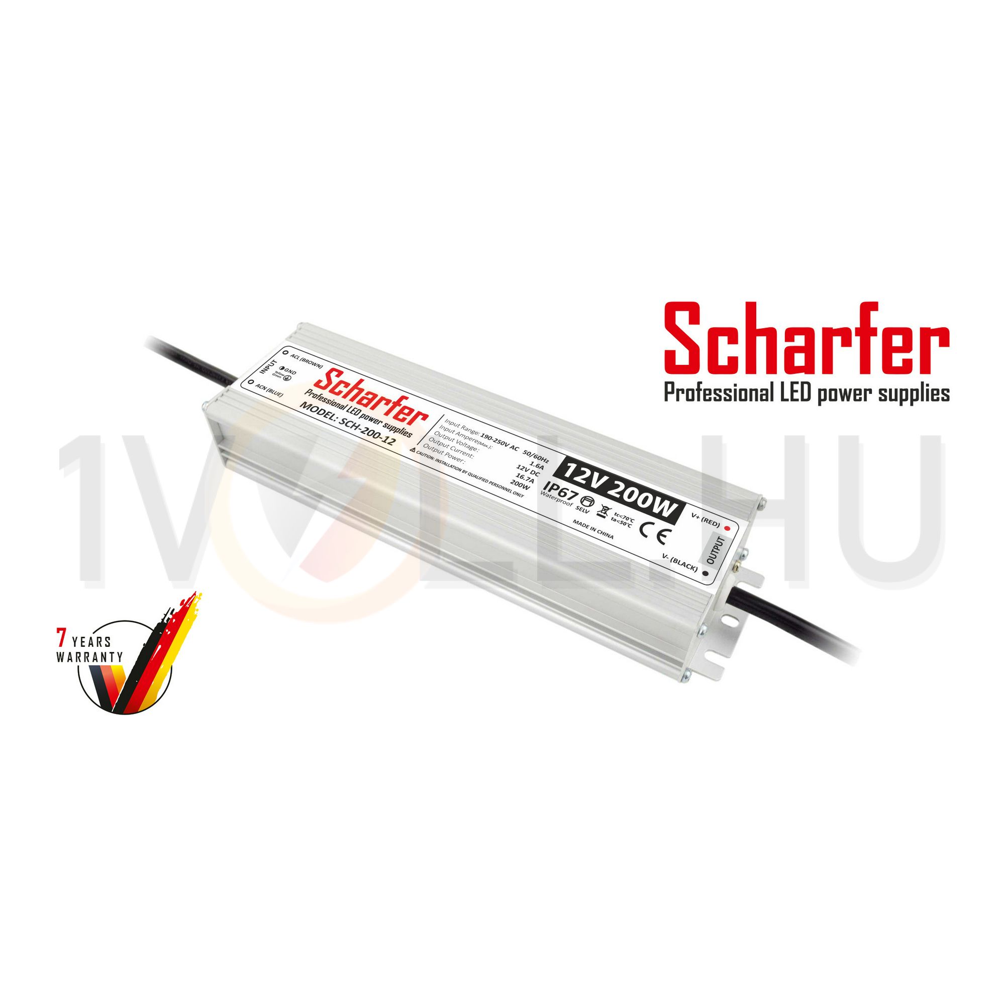 LED trafó zárlat-/túlterhelésbiztos 200W 12V 16700mA fém tokozás-ház kültéri SCH-200-12 Scharfer - SCH20012