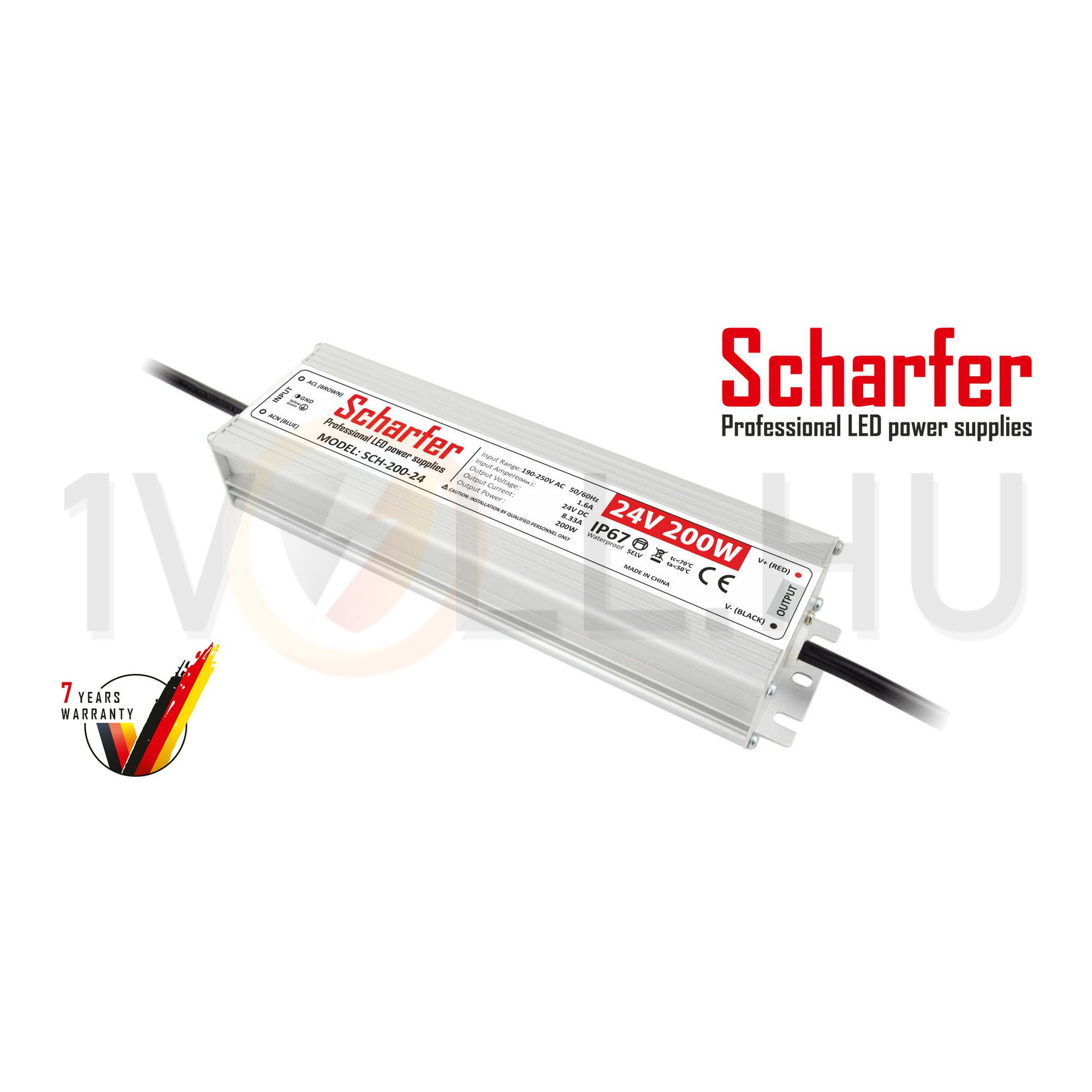 LED trafó zárlat-/túlterhelésbiztos 200W 24V 8330mA fém tokozás-ház kültéri SCH-200-24 Scharfer - SCH20024