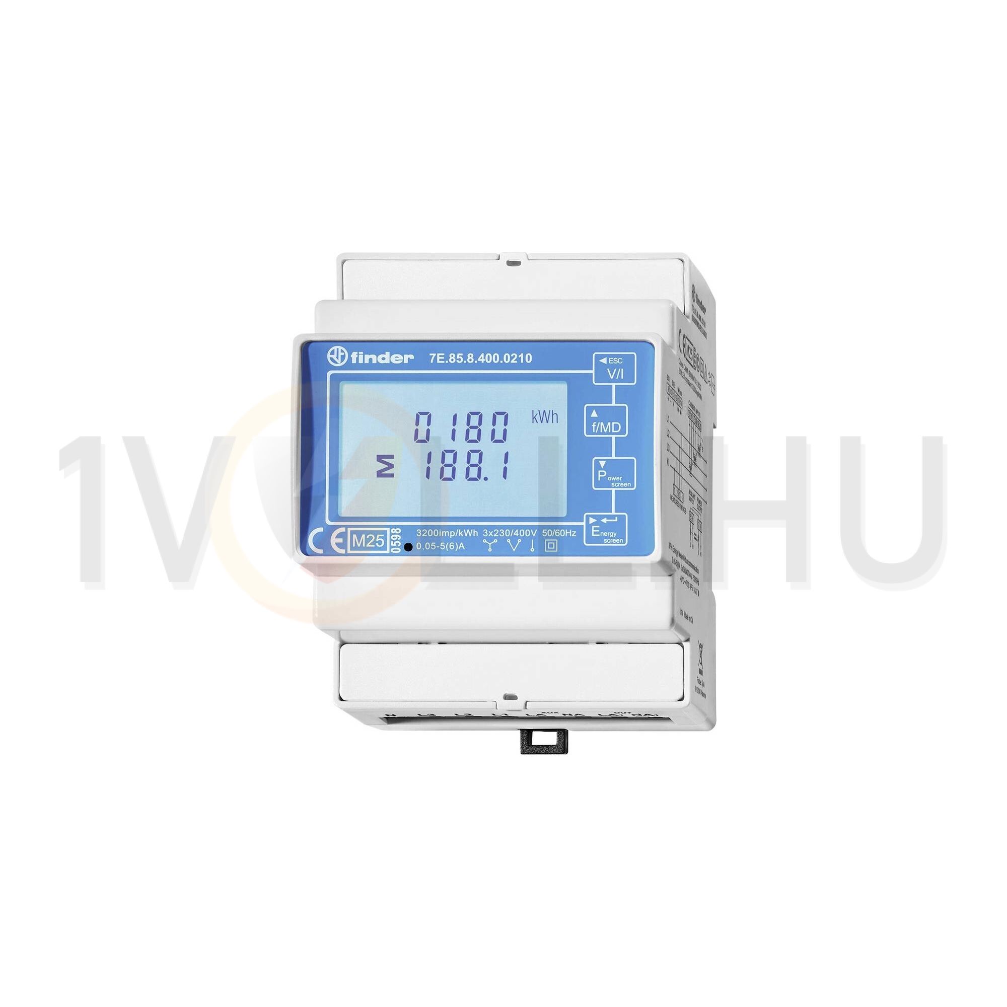 Sorolható fogyasztásmérő 3F LCD MID-hiteles 2xS0 áramváltós 6A 3x230/400V AC 3/4-vezetékes 7E.85.8.400.0212 FINDER - 7E8584000212
