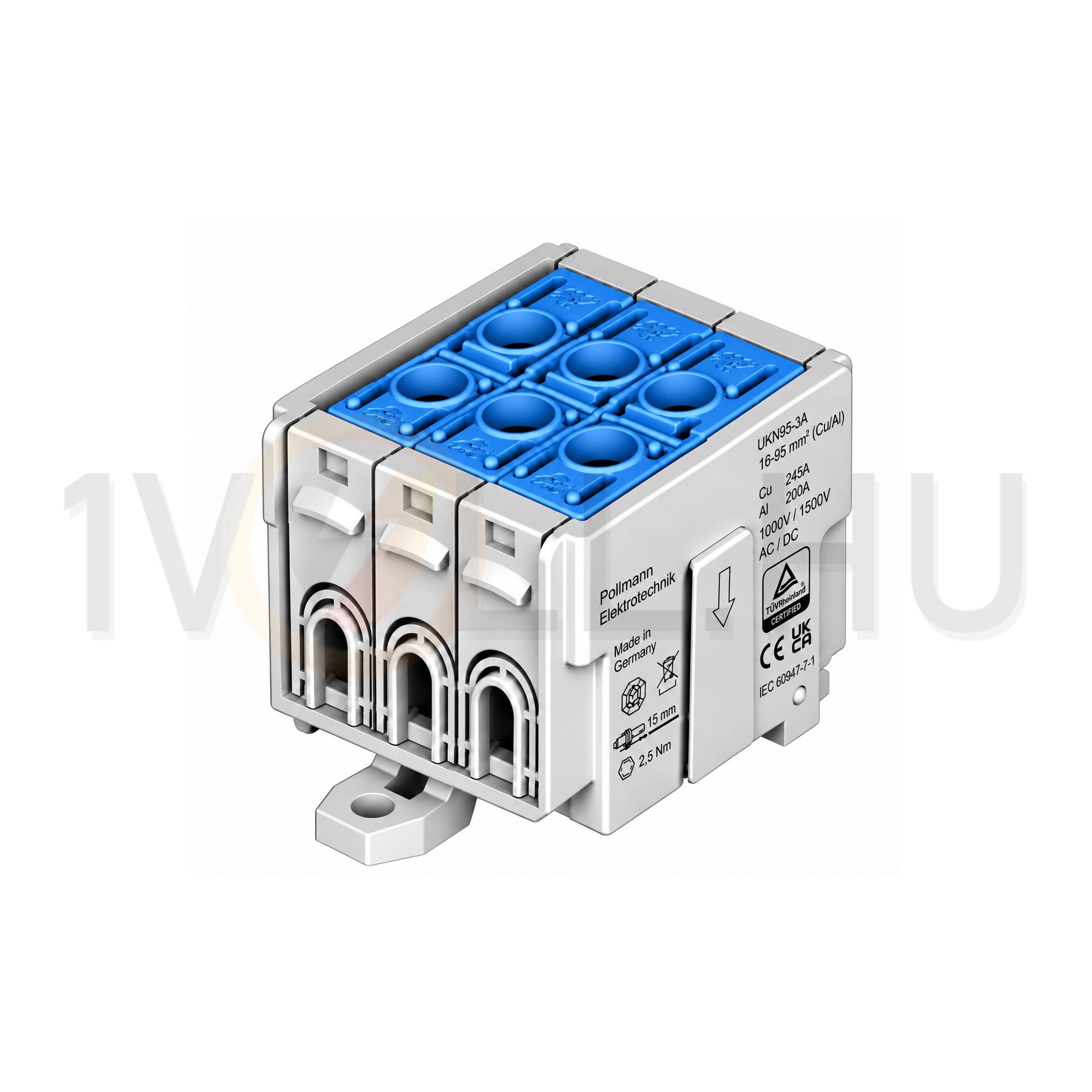 Univerzális sorkapocs N kék 16-95mm2Cu/Alu 1P csavaros kalapsínre UKN95-3N Pollmann - 2090346