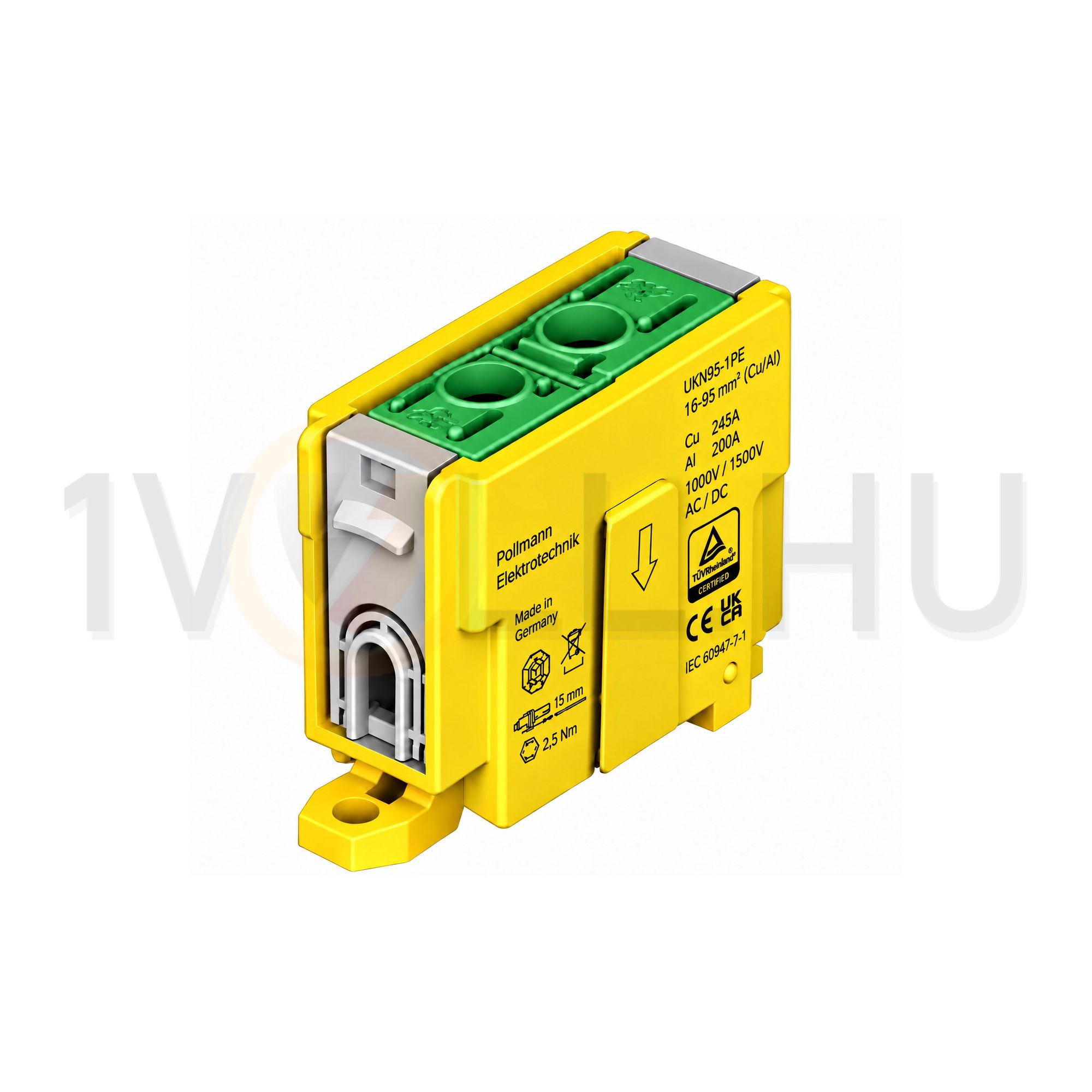Univerzális sorkapocs PE zöld-sárga 16-95mm2Cu/Alu 1P csavaros kalapsínre UKN95-1PE Pollmann - 2090156