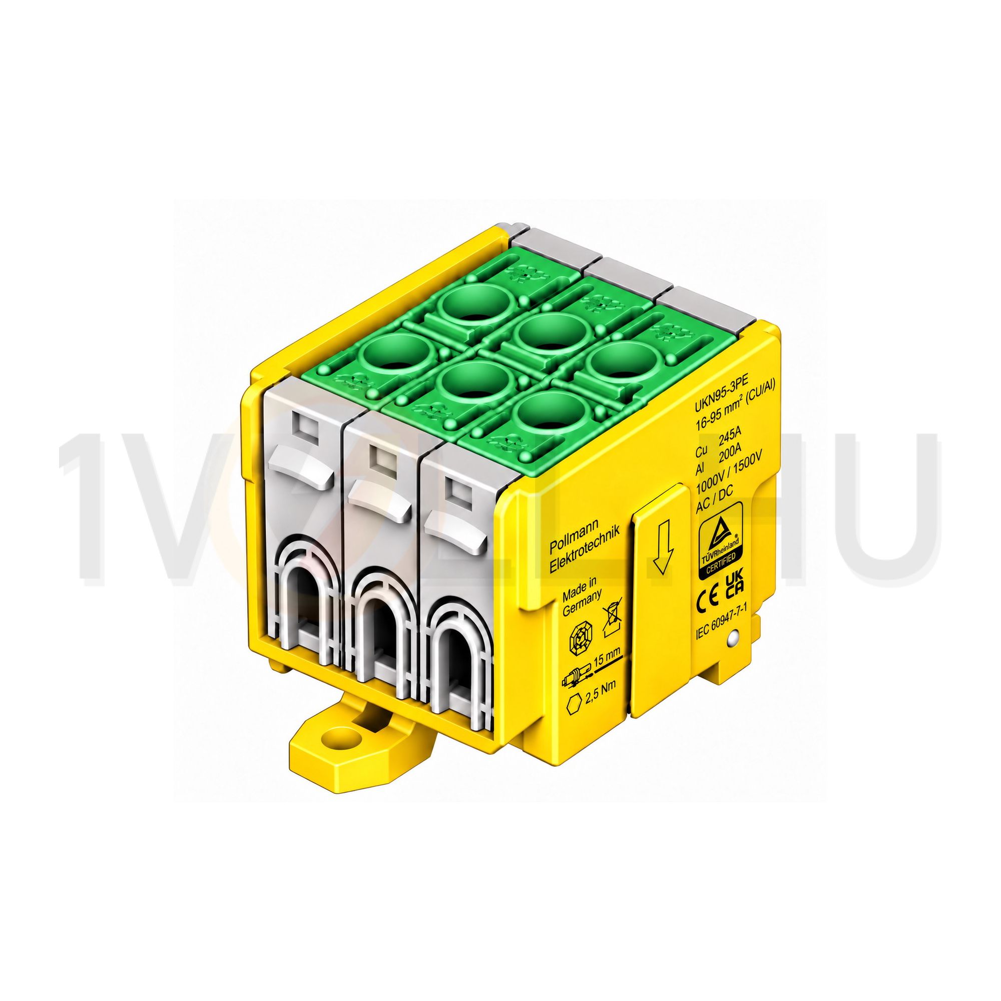 Univerzális sorkapocs PE zöld-sárga 16-95mm2Cu/Alu 1P csavaros kalapsínre UKN95-3PE Pollmann - 2090347