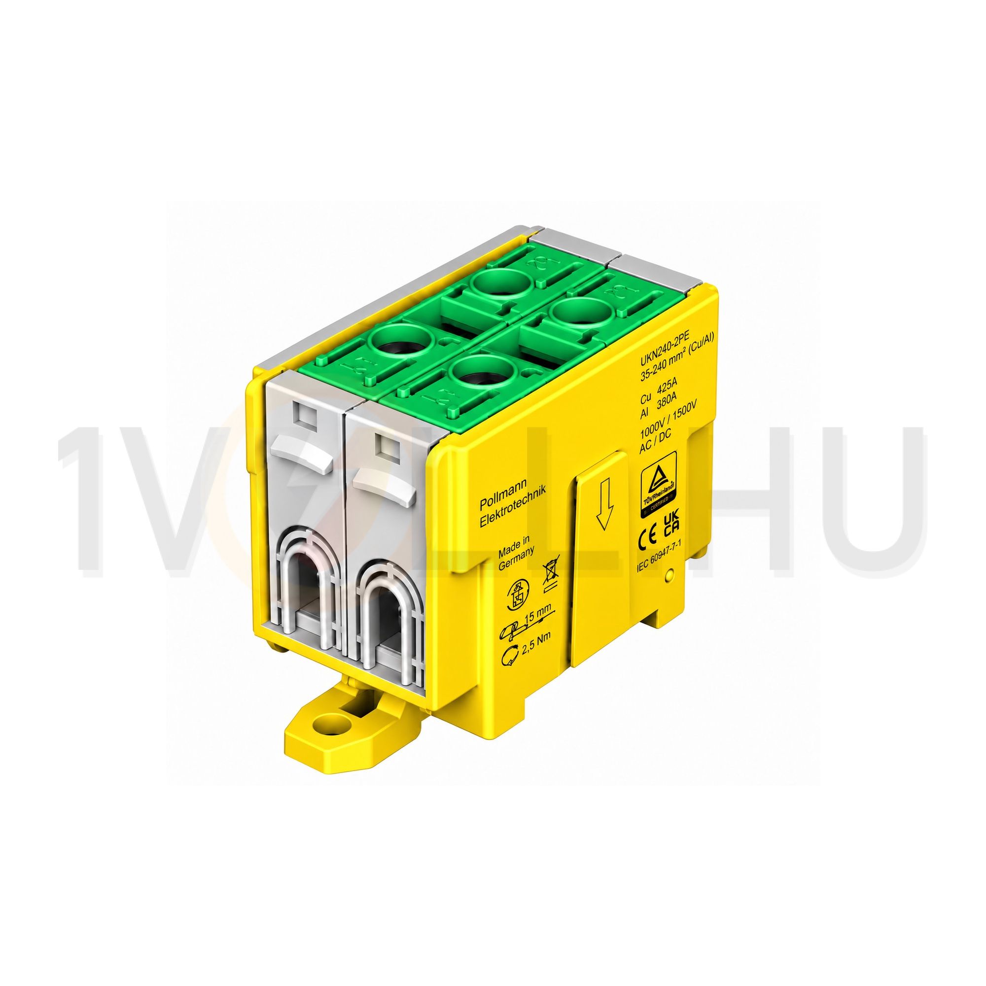 Univerzális sorkapocs PE zöld-sárga 35-240mm2Cu/Alu 1P csavaros csavar UKN240-2PE Pollmann - 2090260