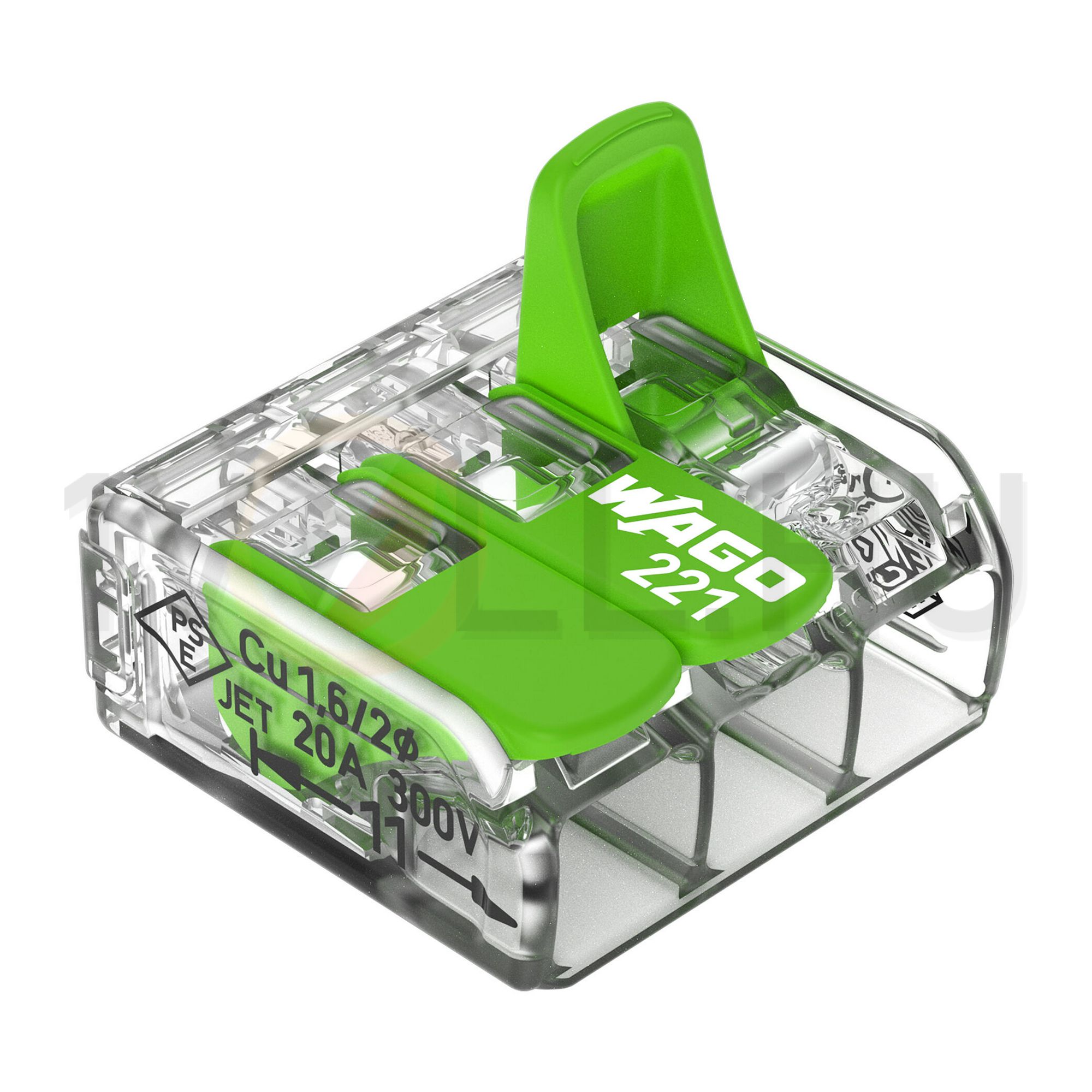 Vezetékösszekötő oldható 32A/450V leágazás 3x 0,14-4mm2 átlátszó polikarbonát (PC) Green WAGO - 221-423