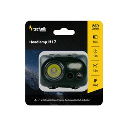 LED fejlámpa 250lm 75m 10h 0,8Ah/LI-ion microUSB IP65 1x tölthető akku teleppel műanyag Technik - MT-H17