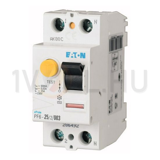 Áram-védőkapcsoló (Fi-relé) analóg 2P 25A 30mA AC-típus 6kA PF6-25/2/003 EATON - 286492