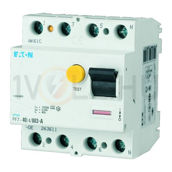 Áram-védőkapcsoló (Fi-relé) analóg 3P+N 40A 30mA AC-típus 10kA PF7-40/4/003-DE EATON - 263586