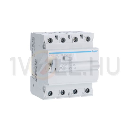 Áram-védőkapcsoló (Fi-relé) analóg 4P 25A 30mA AC-típus 6kA CDC Hager - CDC725J