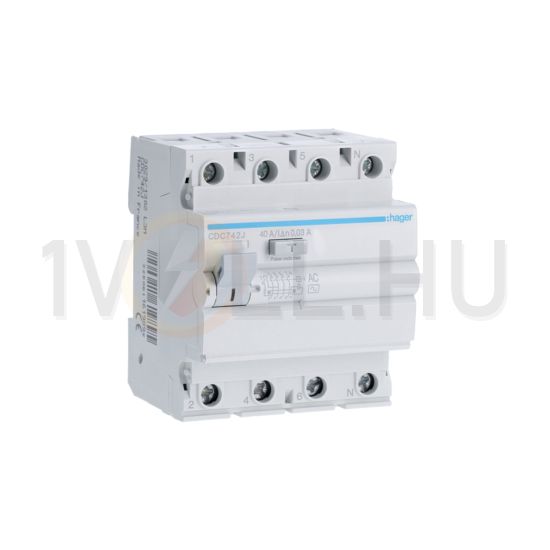 Áram-védőkapcsoló (Fi-relé) analóg 4P 40A 30mA AC-típus 6kA CDC Hager - CDC742J
