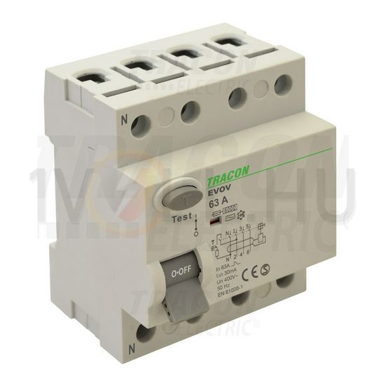 Áram-védőkapcsoló (Fi-relé) analóg 4P 40A 30mA AC-típus 6kA TRACON - EVOV4P4003