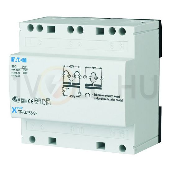 Biztonsági transzformátor 1F 63VA sorolható 230V/ 12V/ 5.2A 24V/ 2.6A 5M TR-G2/63-SF EATON - 272485