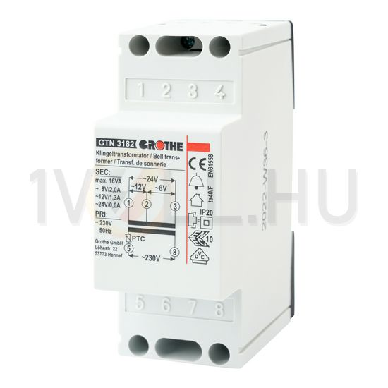 Csengőtranszformátor 1F 16VA sorolható 230V/ 8V/ 2A 12V/ 1.3A 24V/ 6A 2M GTN 3182 GROTHE - 14082