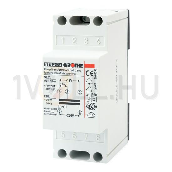 Csengőtranszformátor 1F 18VA sorolható 230V/ 8V/ 2A 12V/ 1.5A 2M GTN 3173 GROTHE - 14073