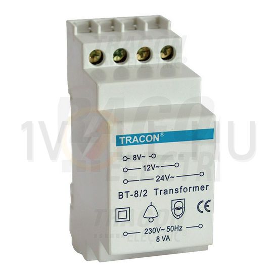 Csengőtranszformátor 1F 8VA sorolható 230V/ 8V/ 0.5A 12V/ 0.33A 24V/ 0.17A 2M 8W TRACON - BT-8/2