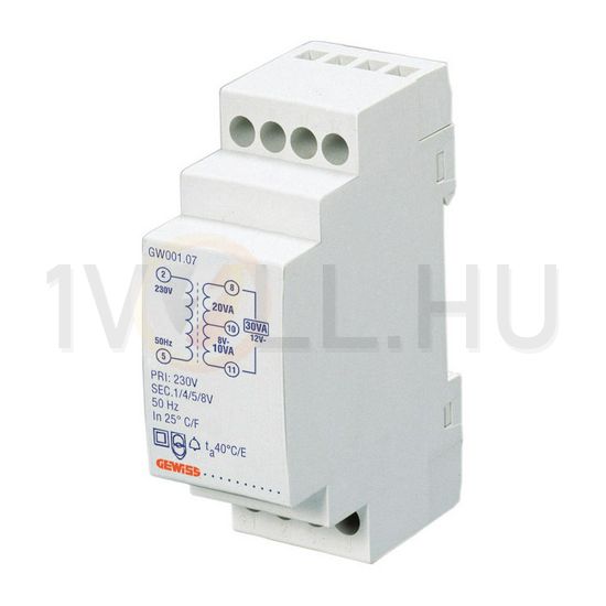 Csengőtranszformátor 1F 10VA sorolható 230V/ 12V/ 12V/ 24V/ 2M 90AM GEWISS - GW96424