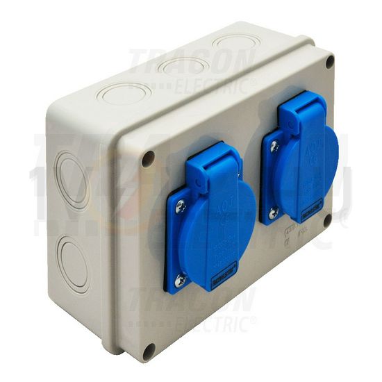 Dugaszoló elosztó 16A/230V 2x2P+F/230V műanyag fali IP44 szürke TRACON - TDB07-0M