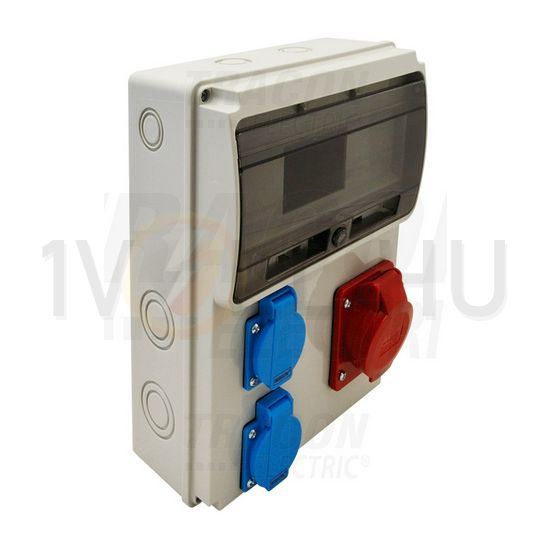 Dugaszoló elosztó 16A/400V 11M 1x16A5P400V 2x2P+F/230V műanyag fali IP44 szürke TRACON - TDB04-11M