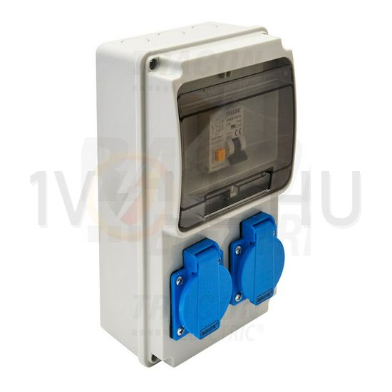 Dugaszoló elosztó 16A/400V 6M 1x16A5P400V 2x2P+F/230V kismegszakító műanyag fali IP44 TRACON - TDB02-6MV