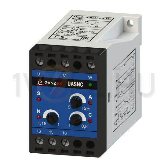 Feszültségvédelmi relé 3F aszimmetria/sorrend/növekedés/csökkenés 1A/230V 320-460V UASNC Ganz KK - 740-8070-515