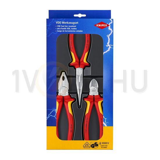 Fogó készlet kombinált oldalcsípő csőrös 1000V piros-sárga 3-darabos KNIPEX - 002012