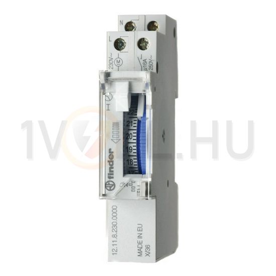 Kapcsolóóra sorolható analóg kvarc 1csatorna napi 1M 16A kalapsínre 12.11.8.230.0000 FINDER - 121182300000