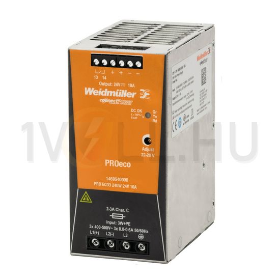 Kapcsolóüzemű DC tápegység 320-575VAC-be 450-800VDC-be 24VDC-ki PRO ECO3 240W 24V 10A Weidmüller - 1469540000