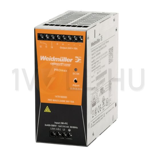 Kapcsolóüzemű DC tápegység 320-575VAC-be 450-800VDC-be 24VDC-ki PRO MAX3 240W 24V 10A Weidmüller - 1478180000