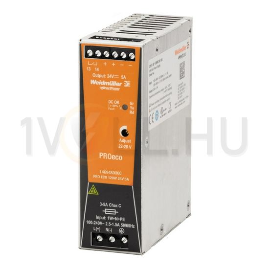 Kapcsolóüzemű DC tápegység 85-264VAC-be 80-370VDC-be 24VDC-ki 120W PRO ECO 120W 24V 5A Weidmüller - 1469480000