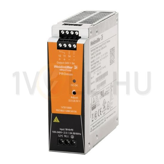 Kapcsolóüzemű DC tápegység 85-264VAC-be 80-370VDC-be 24VDC-ki 120W PRO MAX 120W 24V 5A Weidmüller - 1478110000