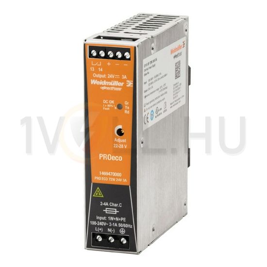 Kapcsolóüzemű DC tápegység 85-264VAC-be 80-370VDC-be 24VDC-ki 72W PRO ECO 72W 24V 3A Weidmüller - 1469470000
