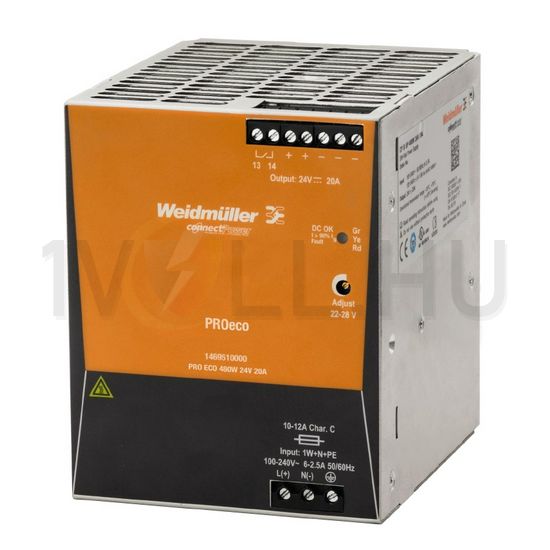 Kapcsolóüzemű DC tápegység 85-264VAC-be 80-370VDC-be 24VDC-ki PRO ECO 480W 24V 20A Weidmüller - 1469510000
