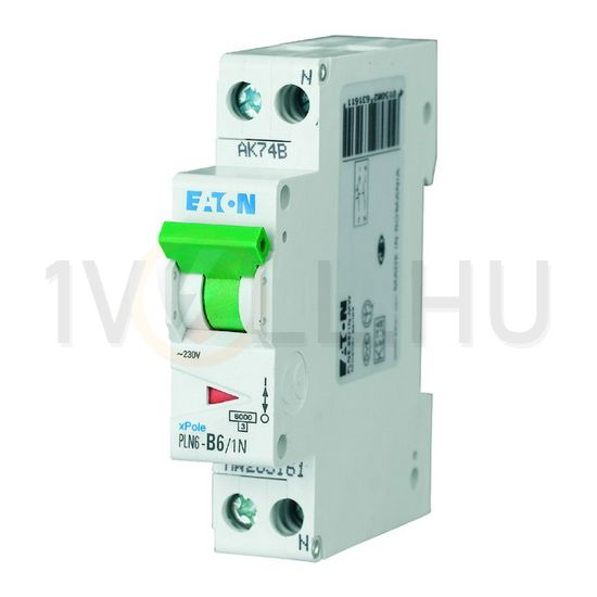 Kismegszakító 1P+N 6A B-jelleg 230V AC 6kA/60898 PLN6-B6/1N-DE EATON - 263269