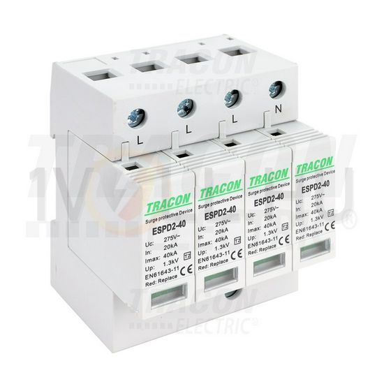 Túlfeszültséglevezető dugaszolható betéttel 3P+N T2 TN-C-S 400V/AC 40kA 4M TRACON - ESPD2-40-4P