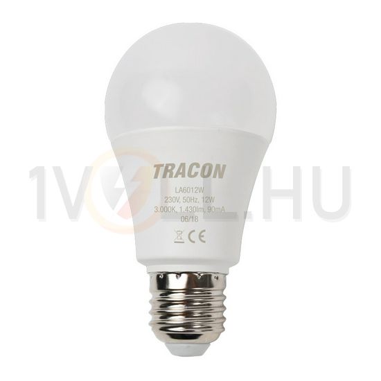 LED lámpa A60 körte A 12W- 150W-izzó E27 1430lm 830 220-240V AC 3000K 25000h 200° TRACON - LA6012W