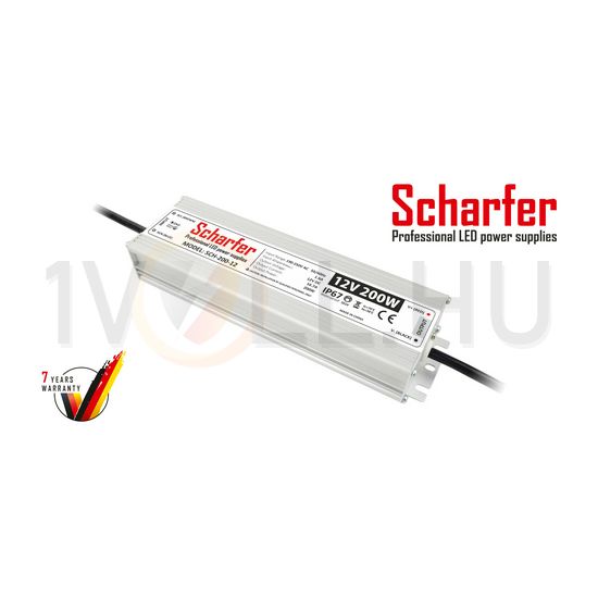 LED trafó zárlat-/túlterhelésbiztos 200W 12V 16700mA fém tokozás-ház kültéri SCH-200-12 Scharfer - SCH20012
