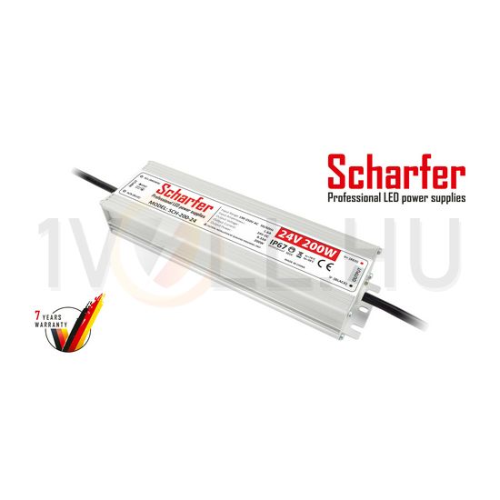 LED trafó zárlat-/túlterhelésbiztos 200W 24V 8330mA fém tokozás-ház kültéri SCH-200-24 Scharfer - SCH20024