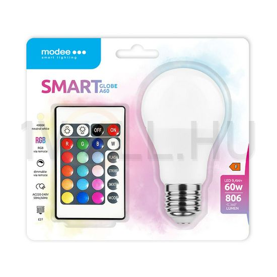 LED lámpa A60 DIM RGBW-távirányítóval körte A 9,4W- 60W E27 806lm DIM 220-240V AC LED Smart Modee - MSL-G9,4WE27RGB-R